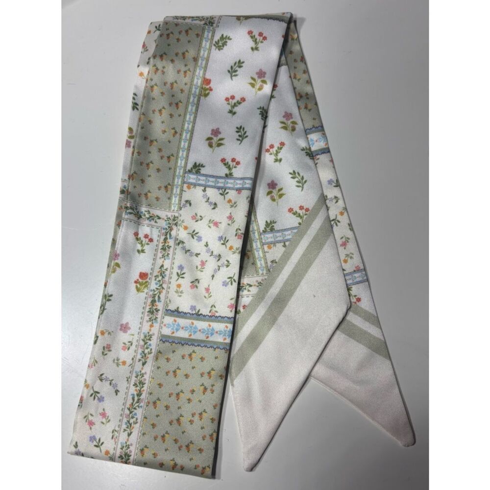 New Twilly Floral Patchwork Silk Scarf in Soft Green and Cream